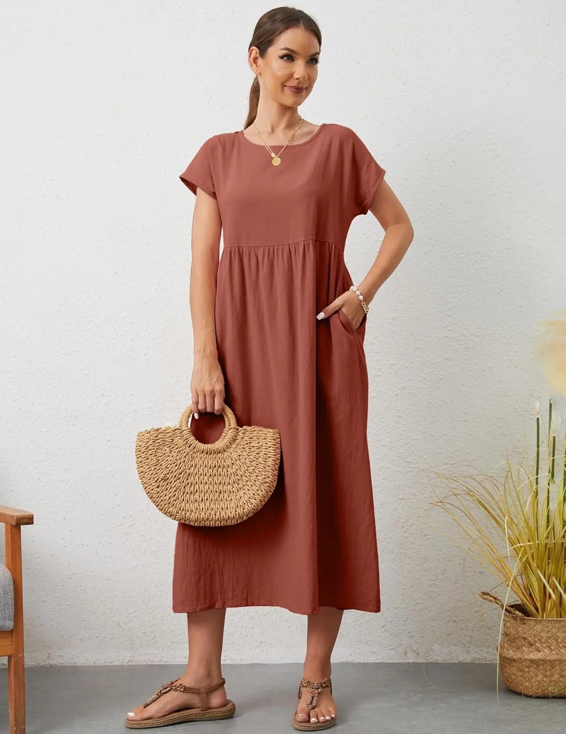 Women's Summer Dresses Maxi Casual Cap Sleeve Crewneck A Line Flowy Swing Beach Sundress with Pockets