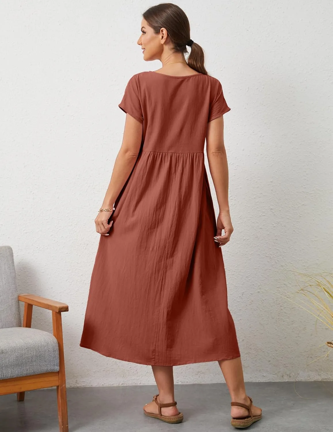 Women's Summer Dresses Maxi Casual Cap Sleeve Crewneck A Line Flowy Swing Beach Sundress with Pockets