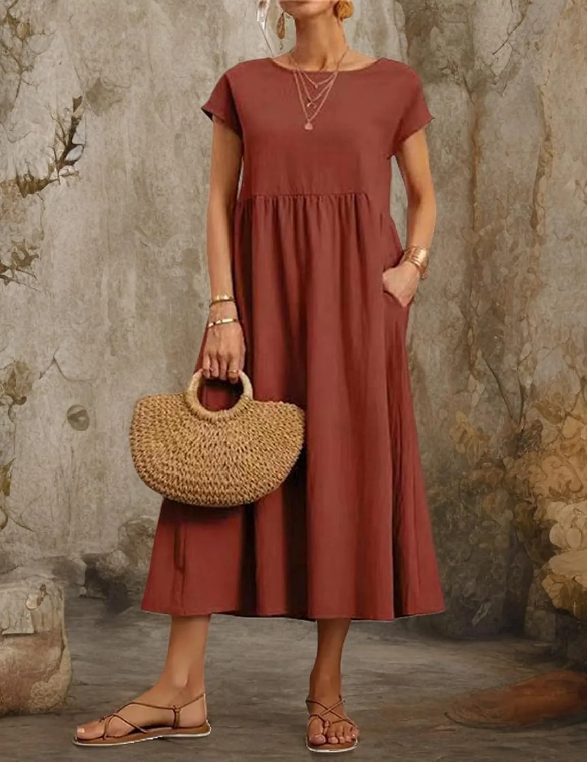 Women's Summer Dresses Maxi Casual Cap Sleeve Crewneck A Line Flowy Swing Beach Sundress with Pockets