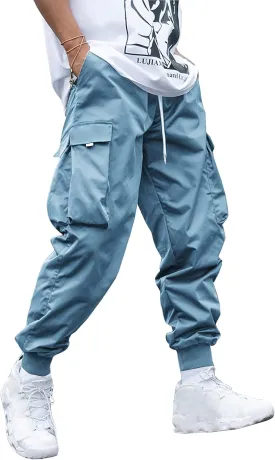 WZIKAI Men's Casual Cargo Pants Elastic Waist Drawstring Tapered Pants Athletic Techwear Joggers Pants with Flap Pockets