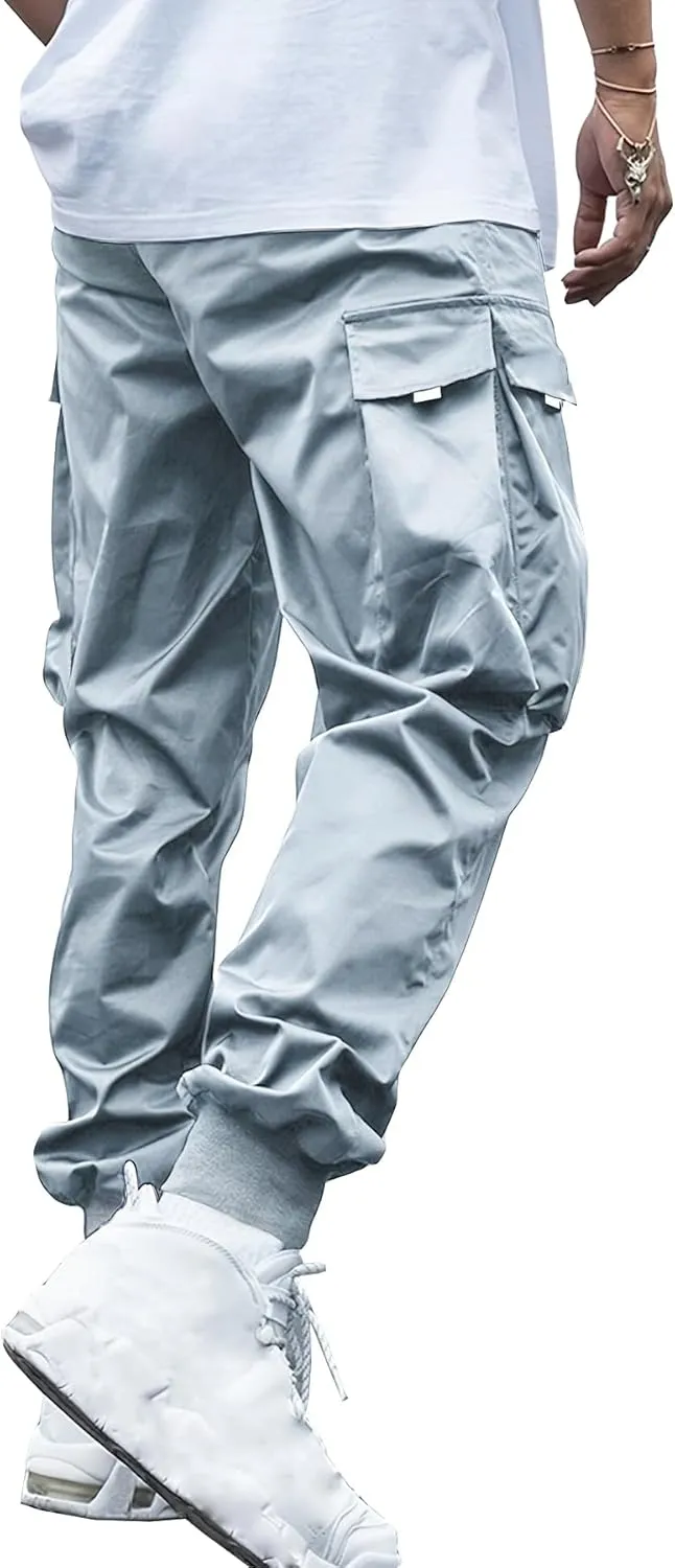 WZIKAI Men's Casual Cargo Pants Elastic Waist Drawstring Tapered Pants Athletic Techwear Joggers Pants with Flap Pockets