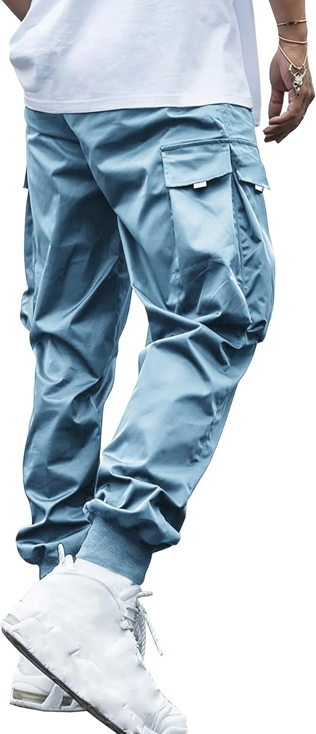 WZIKAI Men's Casual Cargo Pants Elastic Waist Drawstring Tapered Pants Athletic Techwear Joggers Pants with Flap Pockets