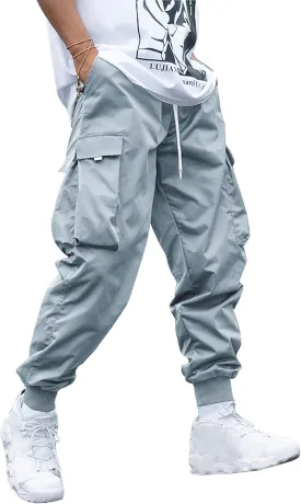 WZIKAI Men's Casual Cargo Pants Elastic Waist Drawstring Tapered Pants Athletic Techwear Joggers Pants with Flap Pockets