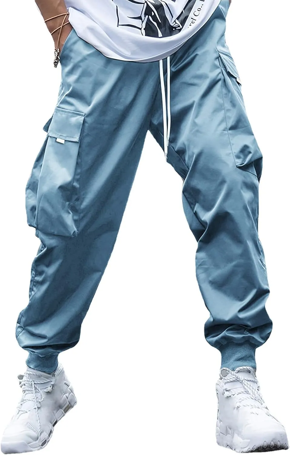 WZIKAI Men's Casual Cargo Pants Elastic Waist Drawstring Tapered Pants Athletic Techwear Joggers Pants with Flap Pockets