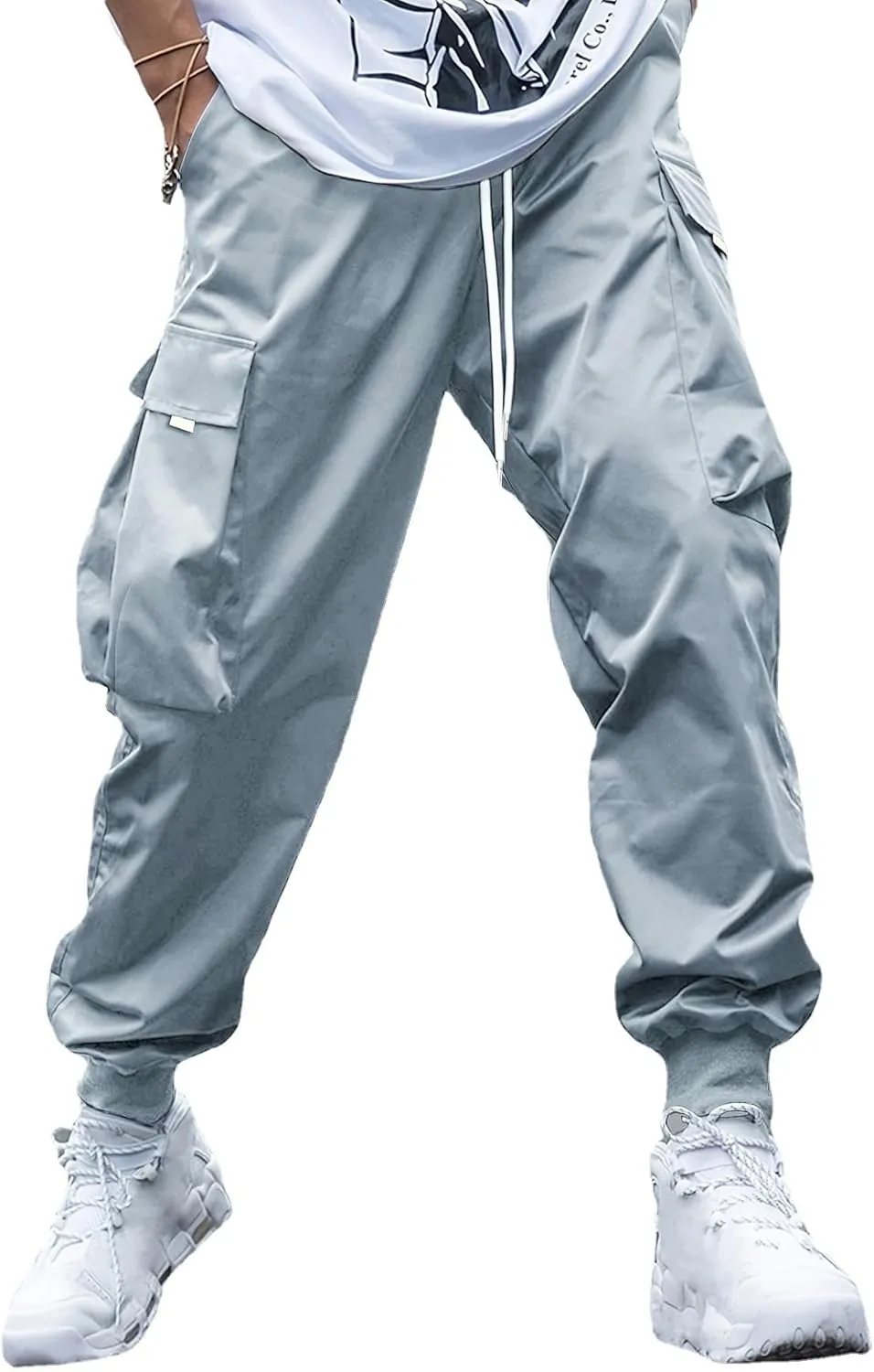 WZIKAI Men's Casual Cargo Pants Elastic Waist Drawstring Tapered Pants Athletic Techwear Joggers Pants with Flap Pockets