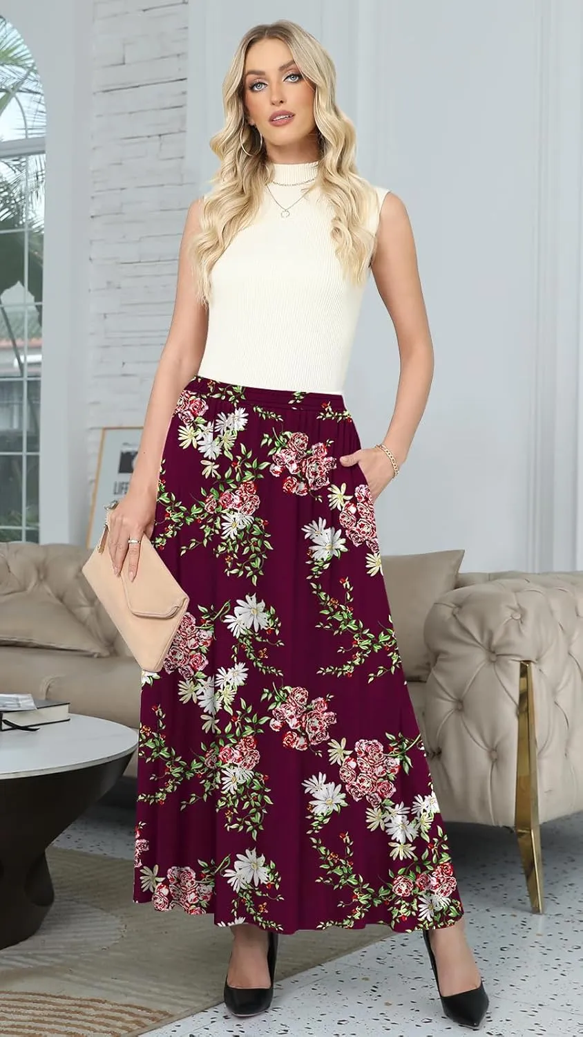 Yincro Womens Maxi Skirt Casual Flowy Elastic High Waist Long Skirts with Pockets