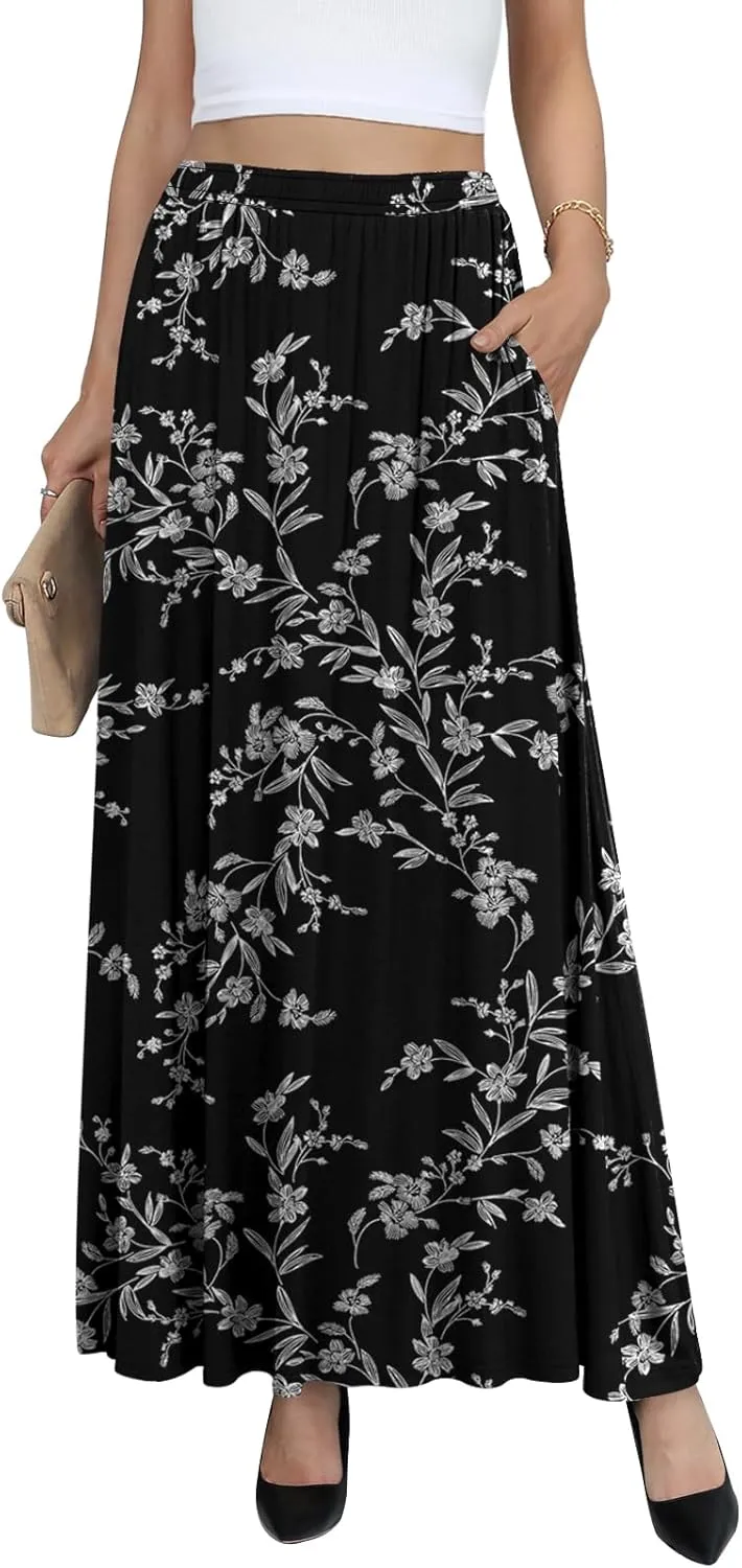 Yincro Womens Maxi Skirt Casual Flowy Elastic High Waist Long Skirts with Pockets