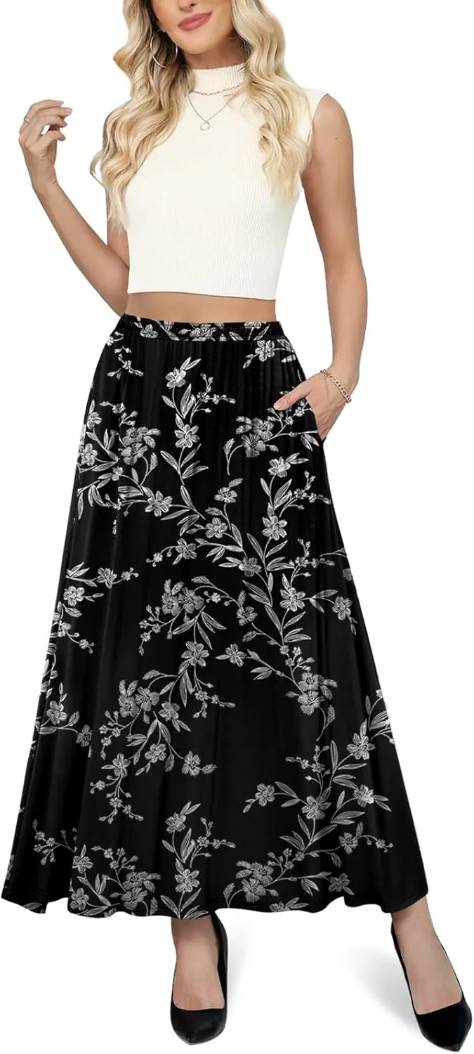 Yincro Womens Maxi Skirt Casual Flowy Elastic High Waist Long Skirts with Pockets