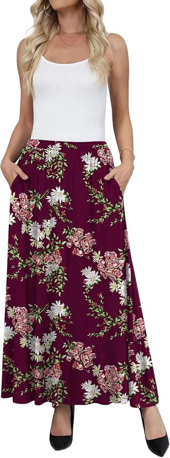 Yincro Womens Maxi Skirt Casual Flowy Elastic High Waist Long Skirts with Pockets
