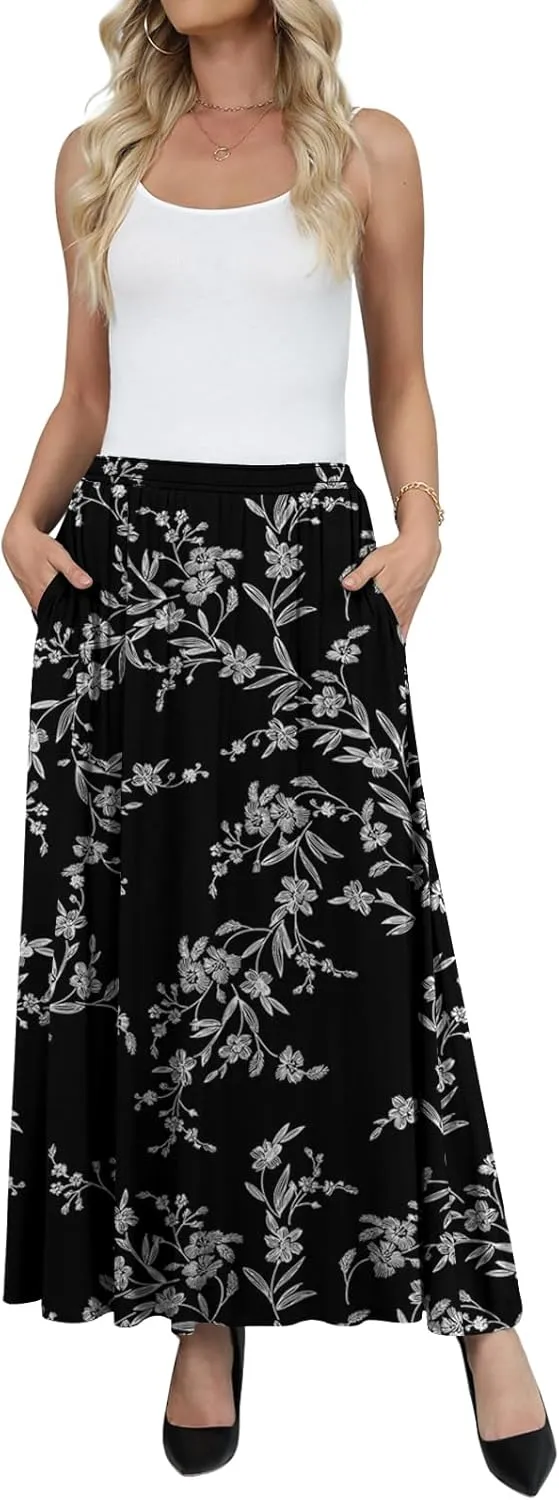 Yincro Womens Maxi Skirt Casual Flowy Elastic High Waist Long Skirts with Pockets