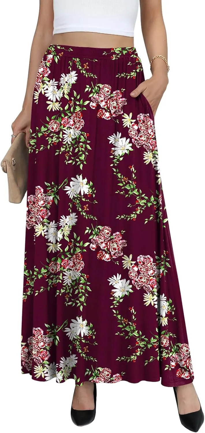 Yincro Womens Maxi Skirt Casual Flowy Elastic High Waist Long Skirts with Pockets