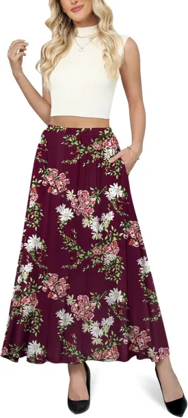 Yincro Womens Maxi Skirt Casual Flowy Elastic High Waist Long Skirts with Pockets