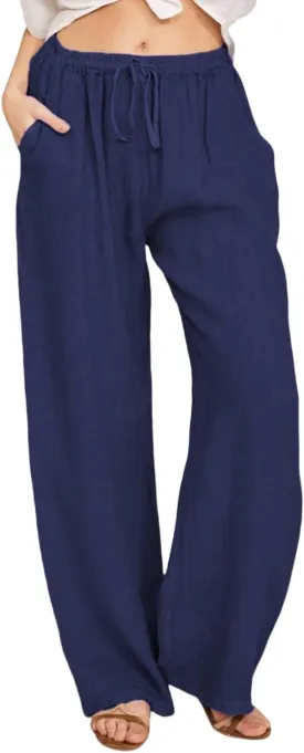 YOCUR Women Wide Leg Flowy Drawstring Palazzo Linen Pants Beach Casual Elastic High Waisted Loose Trousers