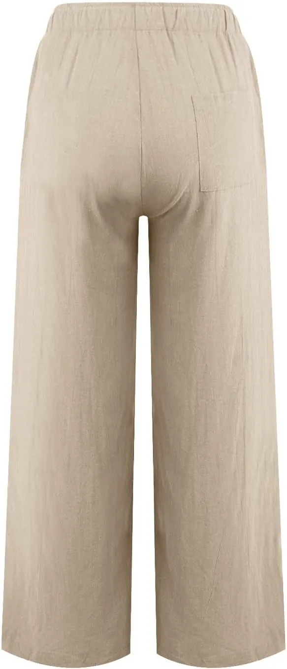 YOCUR Women Wide Leg Flowy Drawstring Palazzo Linen Pants Beach Casual Elastic High Waisted Loose Trousers