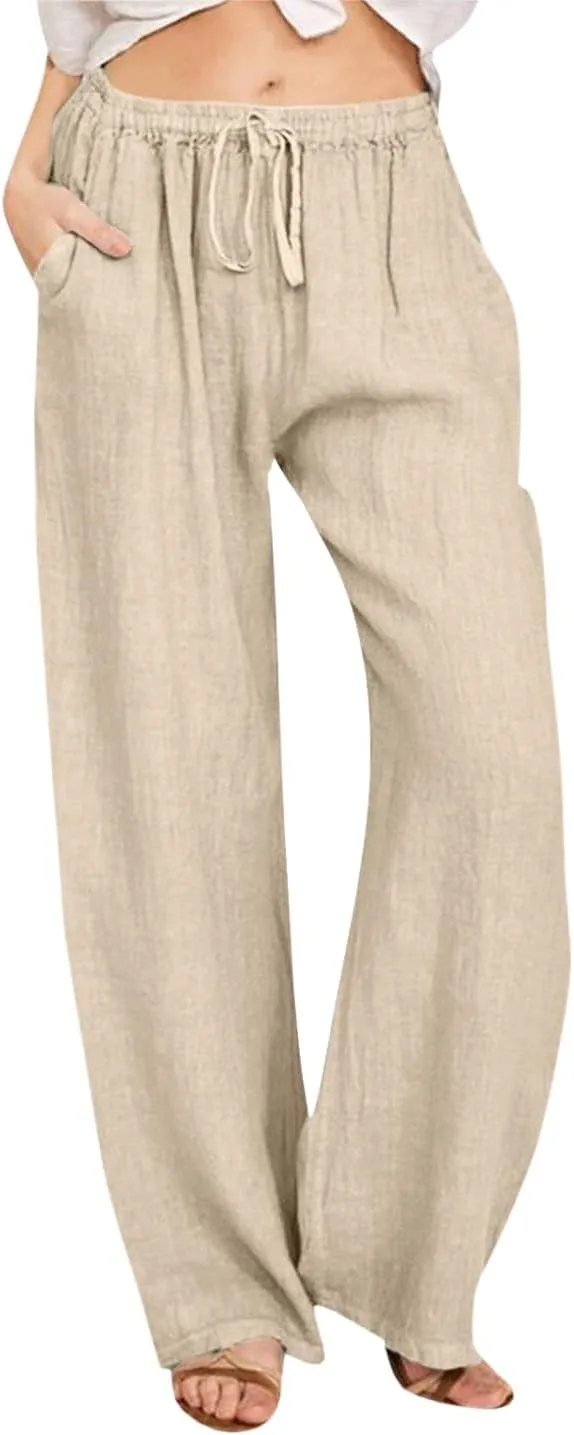 YOCUR Women Wide Leg Flowy Drawstring Palazzo Linen Pants Beach Casual Elastic High Waisted Loose Trousers