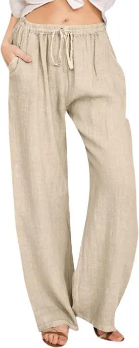 YOCUR Women Wide Leg Flowy Drawstring Palazzo Linen Pants Beach Casual Elastic High Waisted Loose Trousers
