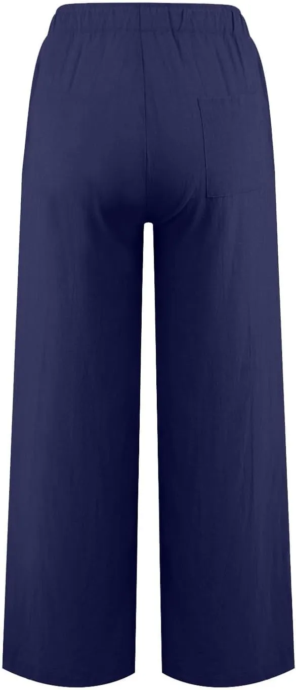 YOCUR Women Wide Leg Flowy Drawstring Palazzo Linen Pants Beach Casual Elastic High Waisted Loose Trousers
