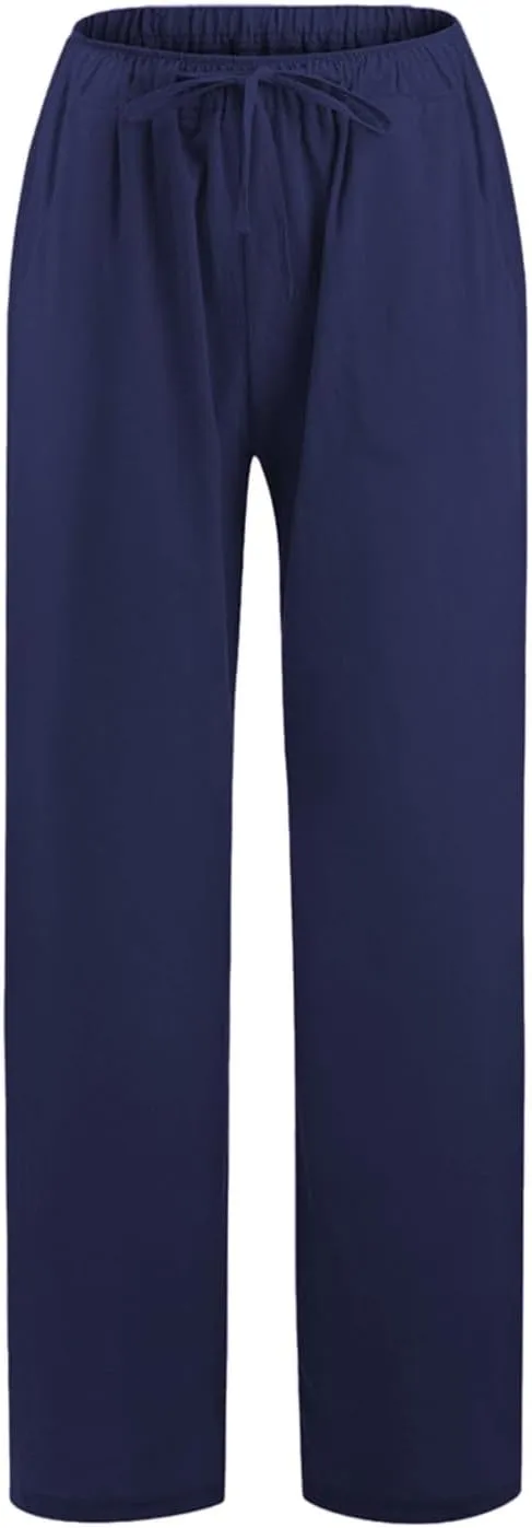 YOCUR Women Wide Leg Flowy Drawstring Palazzo Linen Pants Beach Casual Elastic High Waisted Loose Trousers