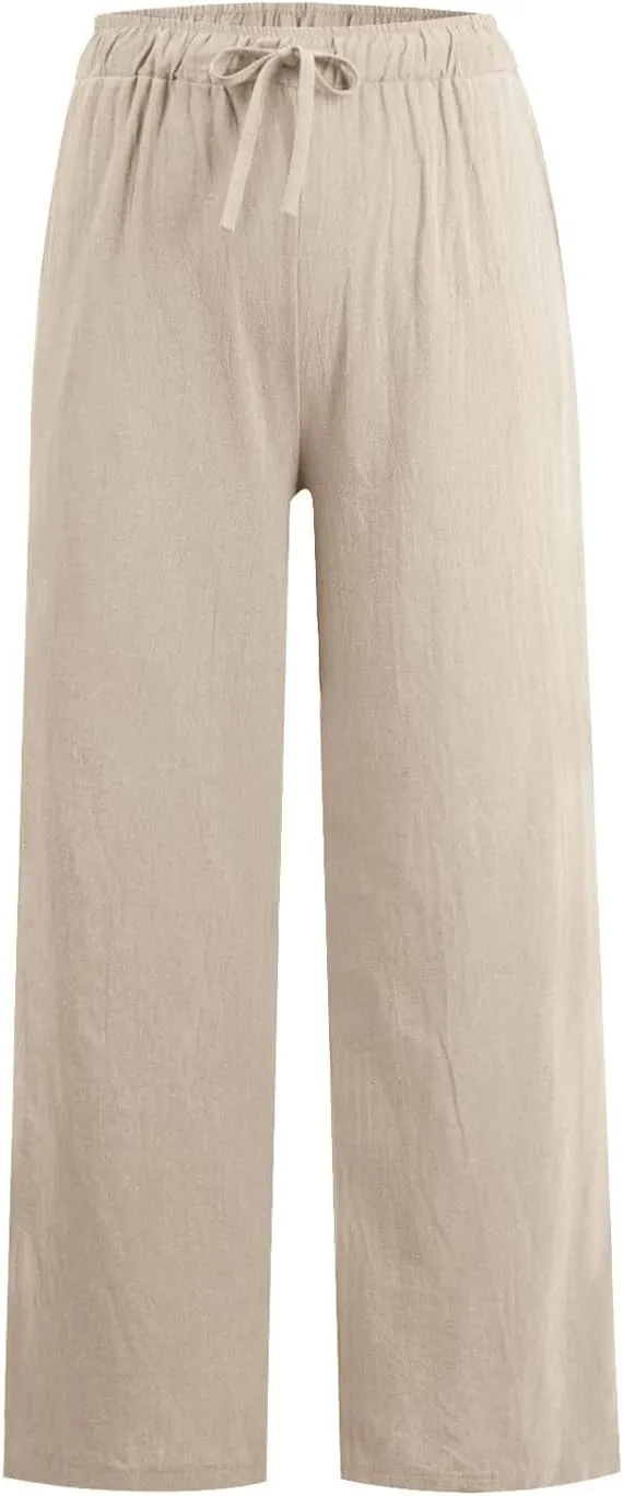 YOCUR Women Wide Leg Flowy Drawstring Palazzo Linen Pants Beach Casual Elastic High Waisted Loose Trousers