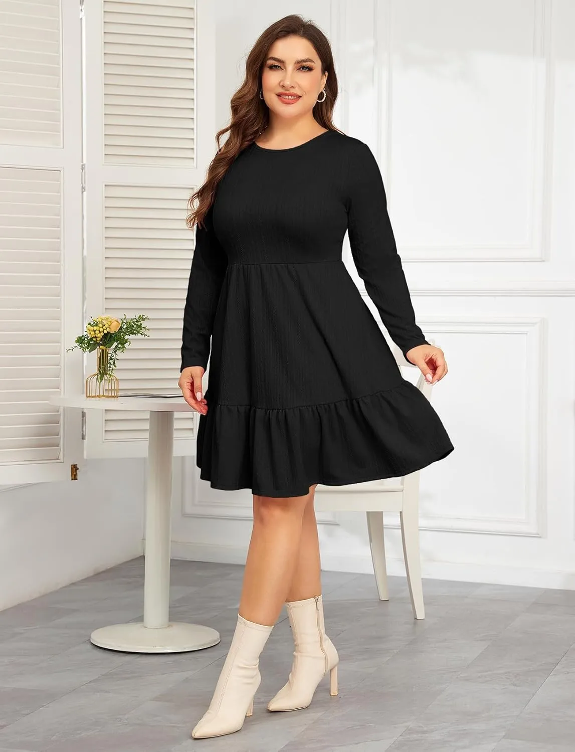 ZOMVA 2024 Winer Women's Plus Size Dress Ribbed Knit Long Sleeve Crew Neck A Line Short Ruffle Hem Sweater Dresses