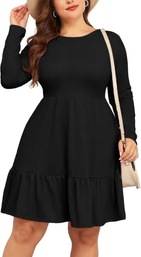 ZOMVA 2024 Winer Women's Plus Size Dress Ribbed Knit Long Sleeve Crew Neck A Line Short Ruffle Hem Sweater Dresses
