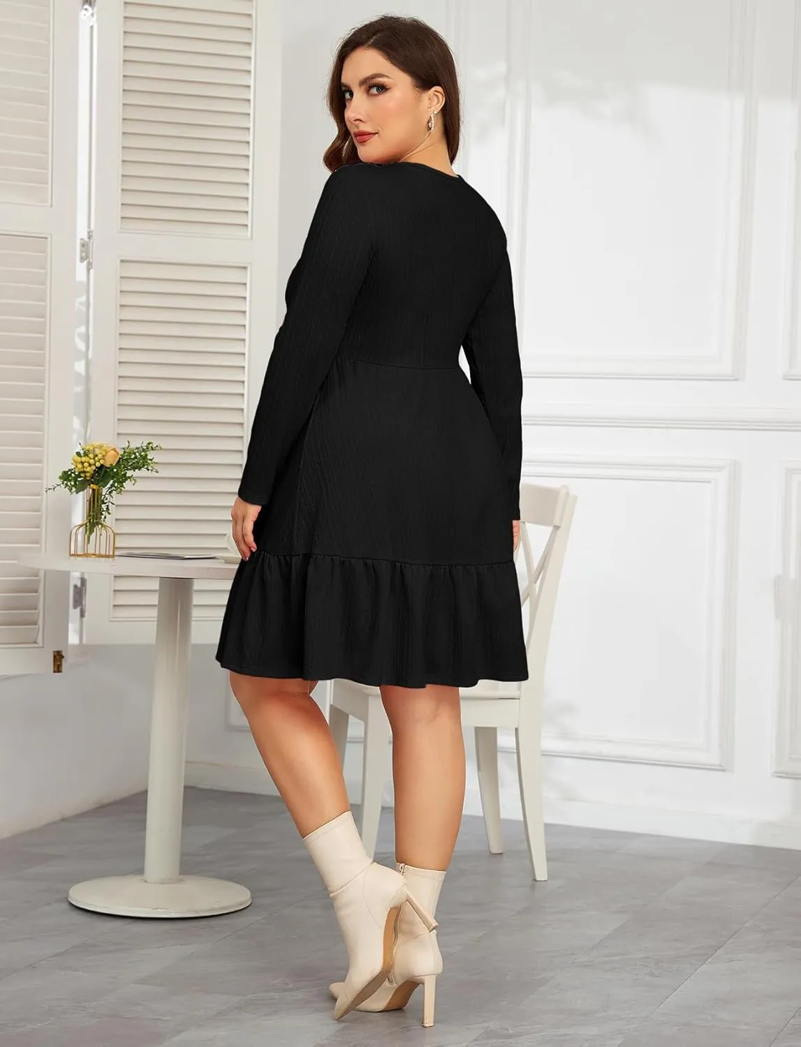 ZOMVA 2024 Winer Women's Plus Size Dress Ribbed Knit Long Sleeve Crew Neck A Line Short Ruffle Hem Sweater Dresses