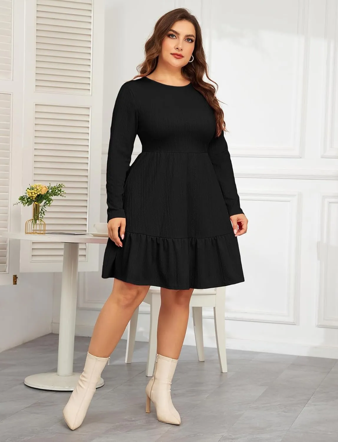 ZOMVA 2024 Winer Women's Plus Size Dress Ribbed Knit Long Sleeve Crew Neck A Line Short Ruffle Hem Sweater Dresses